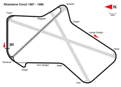 1987 to 1988: with the Bridge Chicane in place to reduce speeds through Woodcote Corner. Track length: 4.778 km. Lap record: Nelson Piquet, Williams-Honda, 1:07.110 (1987 British Grand Prix).