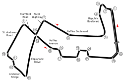 A map of Marina Bay, which runs anticlockwise and has 23 turns, with the pit lane located between turn 22 and turn 2