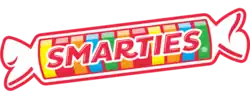 The Smarties Candy Company logo on a transparent background. The logo consists of an illustration of a roll of Smarties wafer candies. The wafers are multicolored, and the roll is emblazened with the word "SMARTIES" in red.