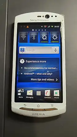 The Sony Ericsson Xperia Neo V showing its Android 2.3.4 widgets exclusive to Sony phones
