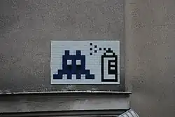 A character based on the computer game Space Invaders. A mosaic by Invader. Paris. 2010