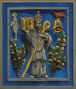 Kentigern with a robin, a bell and a fish with a ring in its mouth