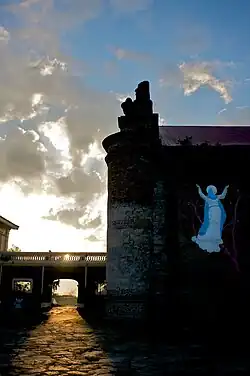 The elevated walkway connecting the convent to the church