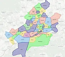 Map of Frankfurt's quarters, Dornbusch in light blue in the northern middle