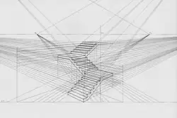 Staircase in multi-points perspective. Each point is a vanishing point from which straight lines come, and these lines are a guide to draw 3-dimensional object.