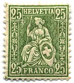 Helvetia on a 25-centime Swiss postage stamp, 1881