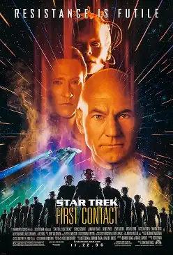 Movie poster for Star Trek: First Contact, showing head shots of Patrick Stewart as Captain Jean-Luc Picard, Brent Spiner as Data, and Alice Krige as the Borg Queen, from bottom to top; the bottom shows an image of the starship Enterprise NCC-1701-E speeding to the background over an army of Borg drones.
