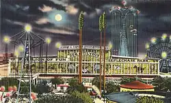 Illustration of Steeplechase Park's Pavilion of Fun. The "Funny Face" mascot is in the middle of its facade.