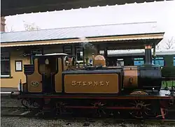 Stepney on the Bluebell Railway (2003). This is an example of the more original layout of the bunker with a small toolbox located at the back and an increased height from the Isle of Wight bunkers.