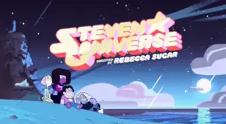 The Season 2 onwards title card showing characters from left to right on the beach at dusk: Pearl, Garnet, Steven and Amethyst.