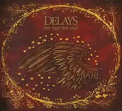 A cluster of bird feathers with stars circling it and a circle of tree branches outside of that