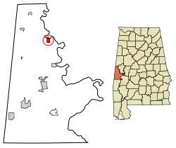 Location of Gainesville in Sumter County, Alabama.