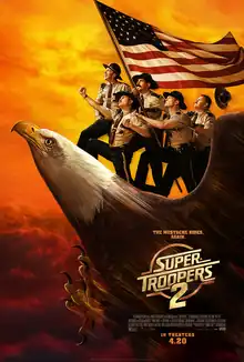 The poster shows the five main characters riding a Bald Eagle with a American Flag in the sky with the film's title and credits on the bottom right. The tagline reads: "The Mustache Rides Again."