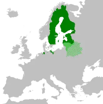 Swedish Empire (dark green) in 1655–1657 with Lithuania (light green) as its protectorate. Diagonal lines represent territories occupied by the Tsardom of Russia.
