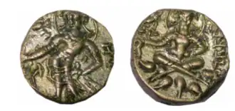 "Swordsman type" gold coin of Mahasenagupta from the 6th century CE. On the obverse, the King is shown holding a sword in his left hand. On the reverse, a Goddess is shown seated in a lotus pose.[1] of Later Gupta dynasty