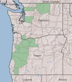 Symphyotrichum hallii distribution map: Oregon and Washington — Puget Sound region, Willamette Valley, outliers in Columbia Gorge and central Washington. County distribution: Oregon — Benton, Clackamas, Douglas, Hood River, Josephine, Lane, Linn, Marion, Multnomah, Polk, and Wasco; Washington — Clark, King, Okanogan, and Skagit.