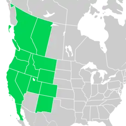 Symphyotrichum spathulatum distribution map: Canada — Alberta and British Columbia; Mexico — Baja California; US — California, Colorado, Idaho, Montana, Nevada, New Mexico, Oregon, Utah, Washington, and Wyoming.