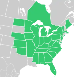 Symphyotrichum urophyllum native distribution map: Canada — Ontario; US — Alabama, Arkansas, Florida, Georgia, Illinois, Indiana, Iowa, Kansas, Kentucky, Maine, Maryland, Massachusetts, Michigan, Minnesota, Mississippi, Missouri, Nebraska, New Jersey, New York, North Carolina, North Dakota, Ohio, Oklahoma, Pennsylvania, South Carolina, Tennessee, Vermont, Virginia, West Virginia, and Wisconsin.