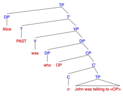 Syntax Tree for Reversed Wh-Cleft/Inverted/Pseudo-cleft sentence: "Alice was who John was talking to."
