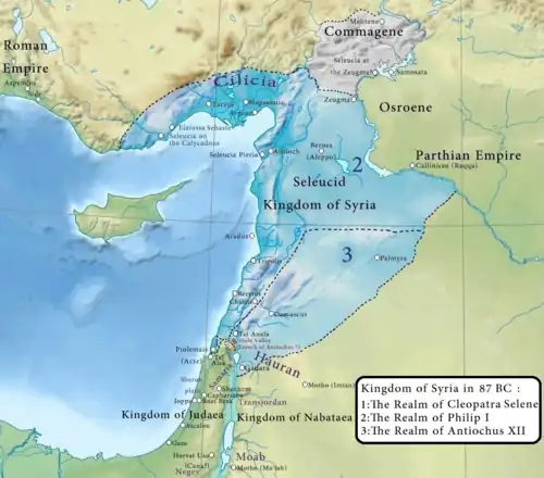 A map depicting Syria and its neighbours in 87 BC, showing the limits of Antiochus XII and his opponents' territories