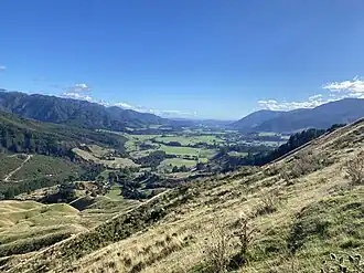 Wide view of a mountain valley with farmland at the base and trees or tussock on the surrounding hills