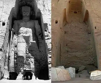 Taller Buddha of Bamiyan, c. 547 CE, in 1963 and in 2008 after they were dynamited and destroyed in March 2001 by the Taliban in Afghanistan