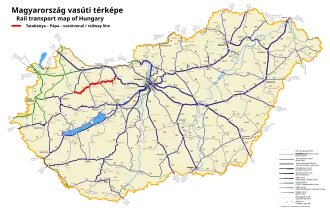 Route map of railways in Hungary showing the Tatabánya–Pápa railway line