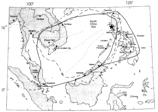 Location of Mount Pinatubo, showing area over which ash from the 1991 eruption fell.
