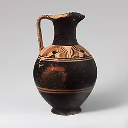Small jug, mostly painted black, with a band of natural clay at the shoulder painted in black geometric decorations