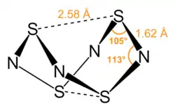 Stereo, skeletal formula of tetrasulfur tetranitride with some measurements