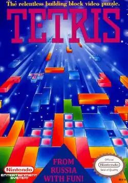 A drawing of multicolored tetromino blocks falling down and stacking on top of each other. The words "The relentless building block video puzzle. Tetris" are at the top. At the bottom is the phrase "From Russia with Fun".