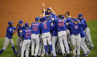 The Chicago Cubs celebrate winning the 2016 World Series, which ended the club's 108-year championship drought.