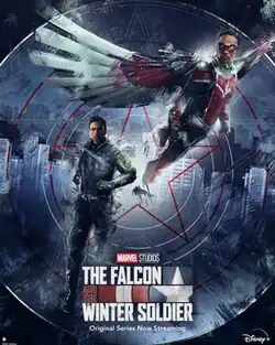 Artwork of Bucky Barnes / Winter Soldier and Sam Wilson / Falcon in front of a city scape, with the logo for The Falcon and the Winter Soldier below them.