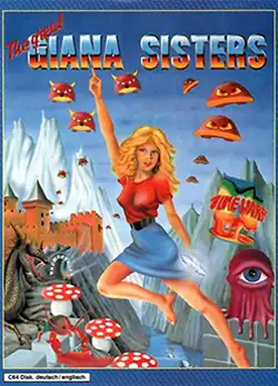 A realistically proportioned adult woman, in a t-shirt, skirt and belt leaping in the air pointing towards the text on the title screen. Behind her in the distance are various enemy characters floating in the air and facing forward. Behind them is the background featuring mountains, large mushrooms and a river. At the top of the image, the title "The Great Giana Sisters". In the middle is the text saying "Time Warp" and at the bottom "C64 Disk. Deutsch/English".