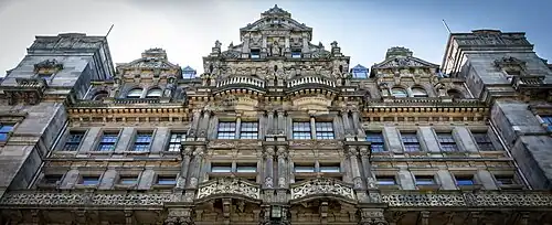 ornate stone facade from street level