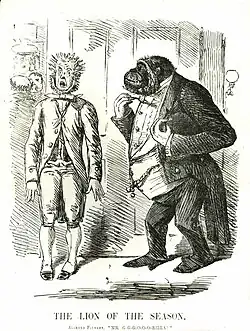 A servant in Victorian livery stands awkwardly at an open door, his mouth open and hair standing on end, as a gorilla wearing a white tie full dress tailcoat enters.