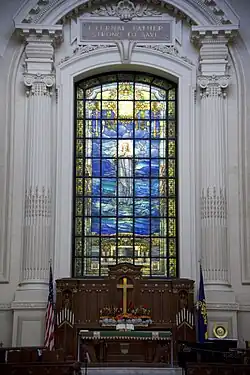 The Christ on the Waters stained glass window at Naval Academy Chapel by Frederick Wilson in Annapolis, Maryland
