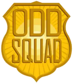 A yellow badge shape with a starburst coming from its center, emblazoned with the words "Odd Squad"