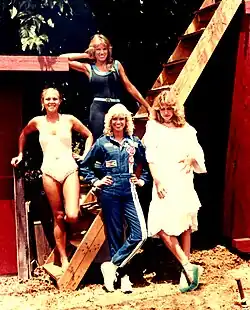 Christine Garner, Terri Robinson, Dinah May and Carinthia West on location in Los Angeles, July 1982, for the shoot of The Optimist, series one