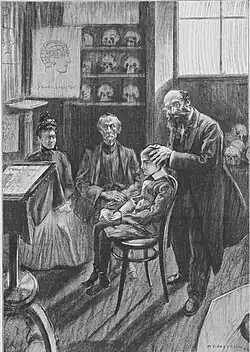A boy having his head examined by a phrenologist