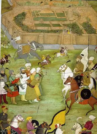 A Mughal miniature from the Padshahnama depicting the surrender of the Safavid Persian garrison of Kandahar in 1638 to the Mughal army of Shah Jahan commanded by Kilij Khan. Notice the white flag with the rising Sun. Perhaps a flag signalling peace. As Safavid forces give the city without bloodshed.