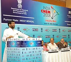 Ram Vilas Paswan as the Union Minister of Chemicals & Fertilizers and Steel, addressing at "India Chem 2008" Industry meet in Mumbai on 10 June 2008.
