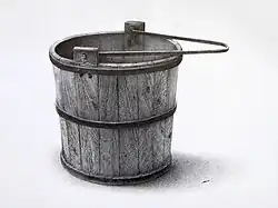 highly detailed drawing of wooden water bucket with black barrel hoops and handle, against white background