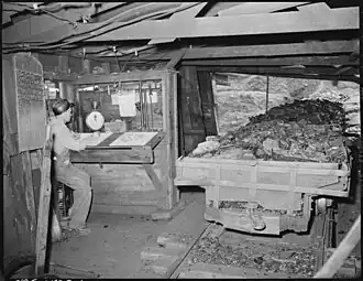 A mine car is weighed in a Kentucky coal tipple in 1946, before the coal is dumped into a railroad car.