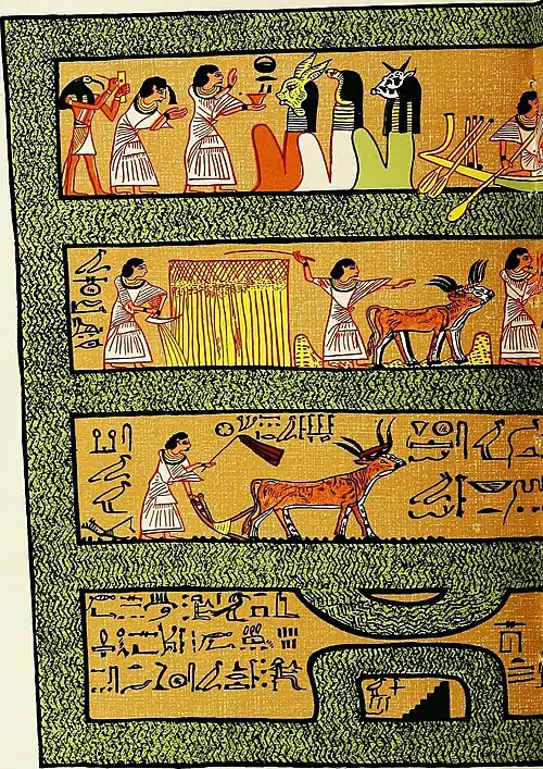 Ani making an offering before hare, snake and bull headed deities. Behind him stand his wife Thuthu.[3]