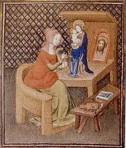 Gothic – Irene, daughter of Cratin, painting a sculpture of the Virgin Mary, France, 1401–1402. Detail from Giovanni Bocaccio's De Claris mulieribus (Concerning famous women), 1403 edition, Bibliothèque nationale de France, Paris