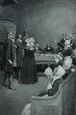 Greyscale painting of a courtroom scene