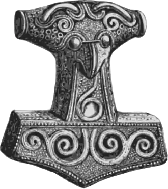 Drawing of a silver-gilted Thor's hammer found in Scania, Sweden