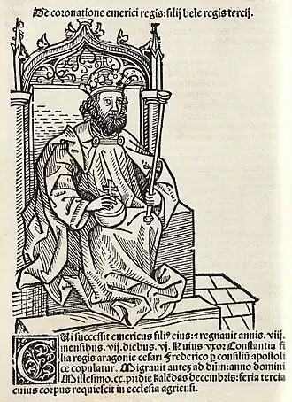 Chronica Hungarorum, Thuróczy chronicle, King Emeric of Hungary, throne, crown, orb, scepter, medieval, Hungarian chronicle, book, illustration, history