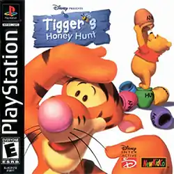 The PlayStation 1 box art for Tigger's Honey Hunt, with Tigger facing the viewer with his hand on his head, and Pooh Bear in the background standing on a honey pot and looking up into an empty honey pot.